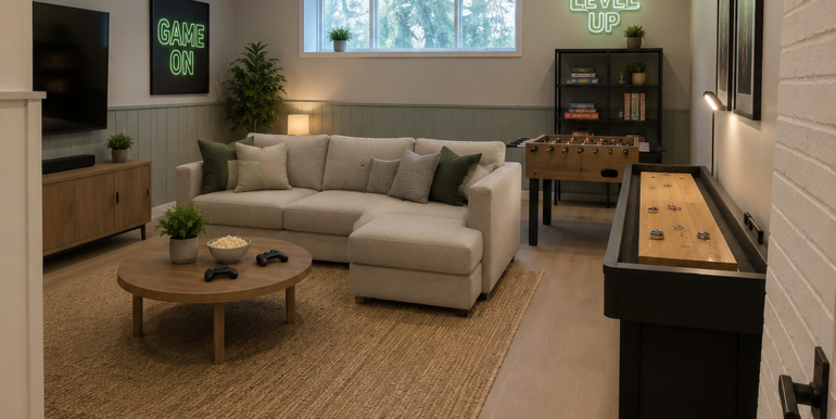 cozy basement game room view